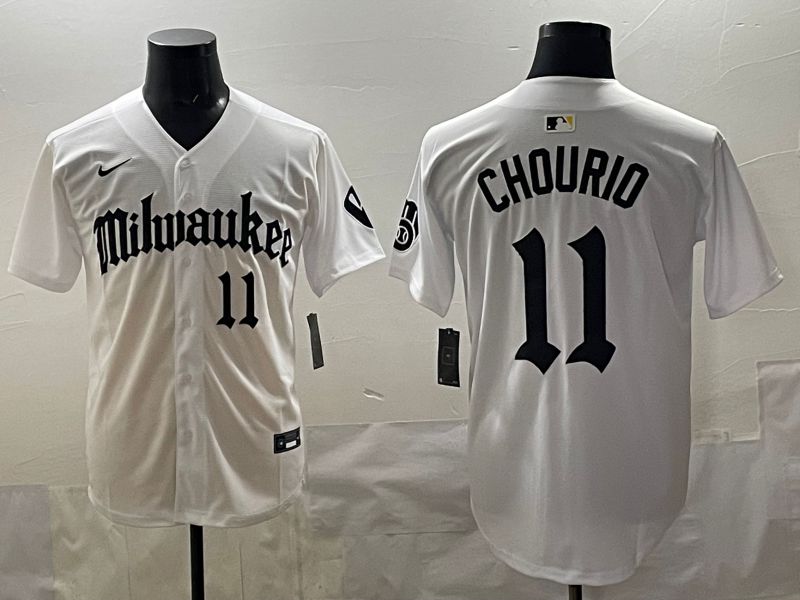 Men 2025 Milwaukee Brewers #11 Chourio White Five generations Joint Name Nike MLB Jersey style 07